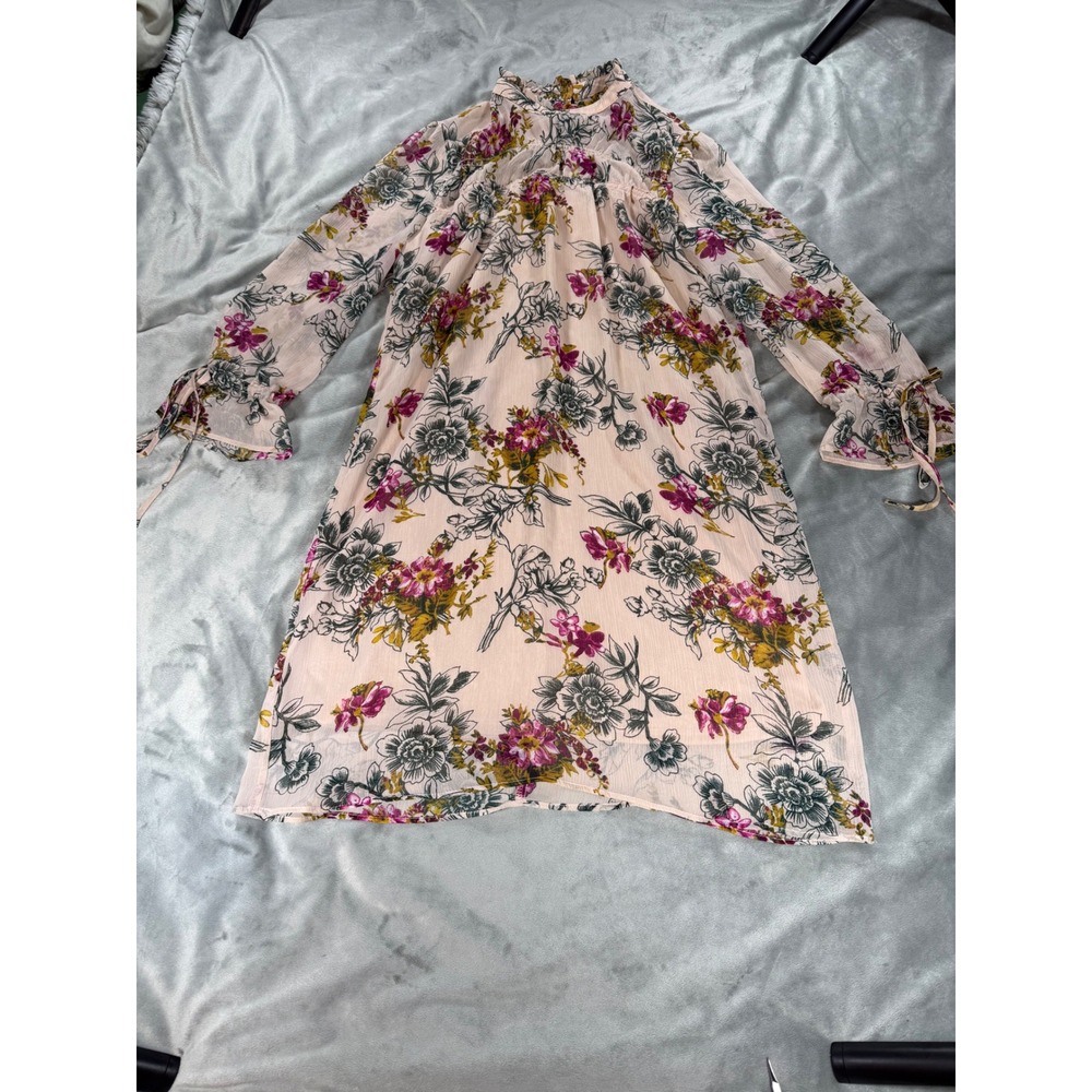 Express‎ Beige Pink Green High Neck Floral Mandarin Collar Chiffon Dress Size XS